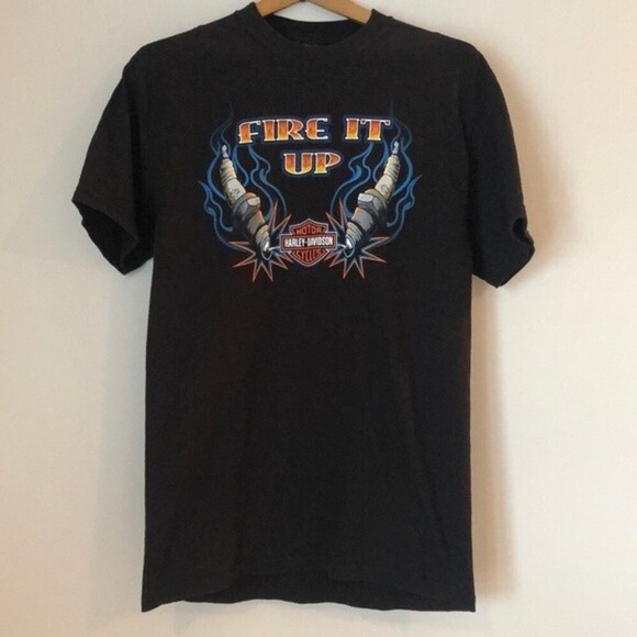 Harley-Davidson Shirt SZ M Short Sleeve Black with Fire It Up on Front - Picture 2 of 5